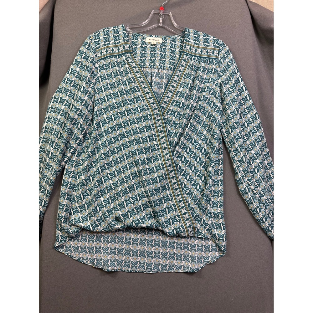 Max Studio Teal Floral Medallion Surplice Wrap V-Neck Blouse Long Sleeve Small